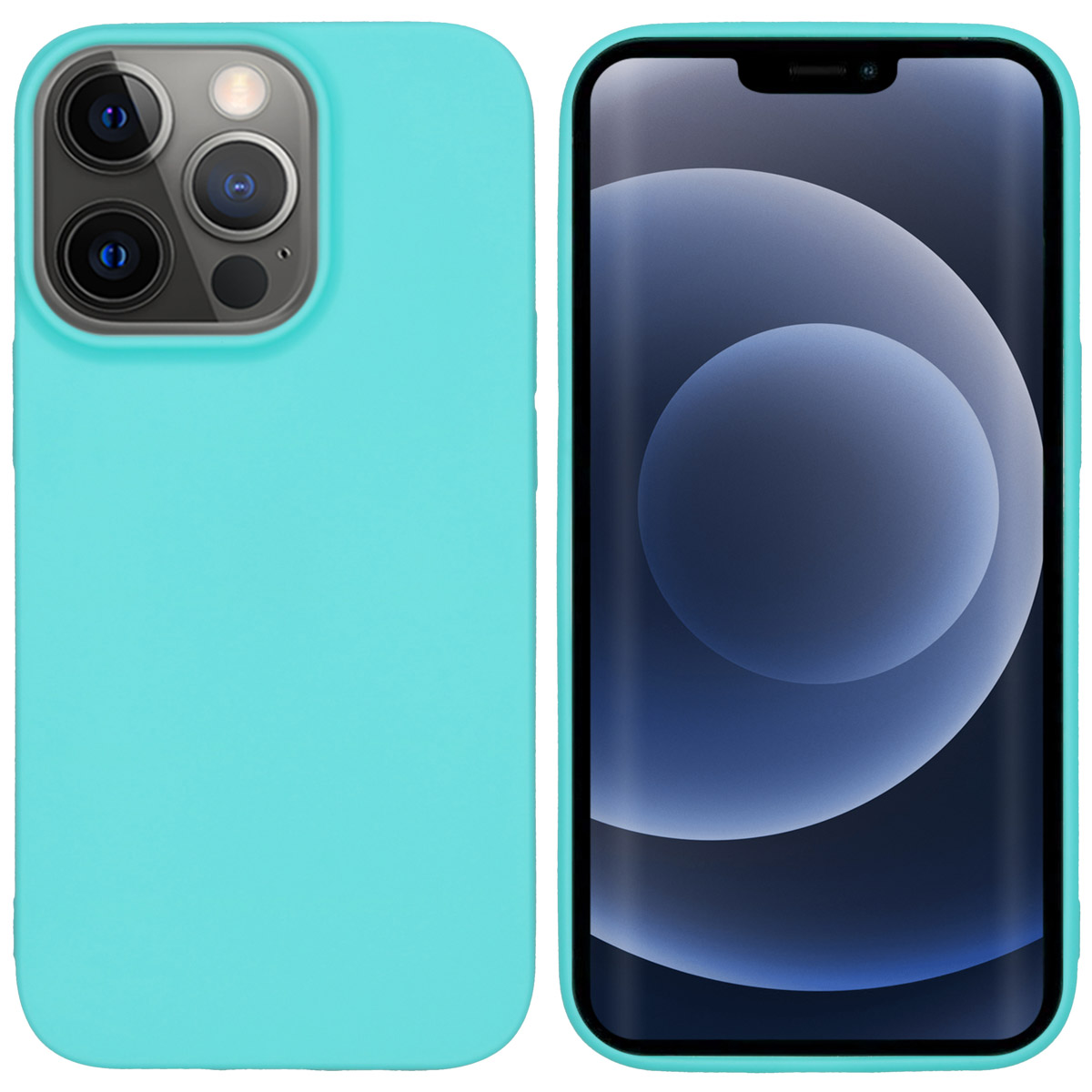 Turquoise telefoonhoes met camera-uitsparingen naast een telefoon met een donkere afbeelding.