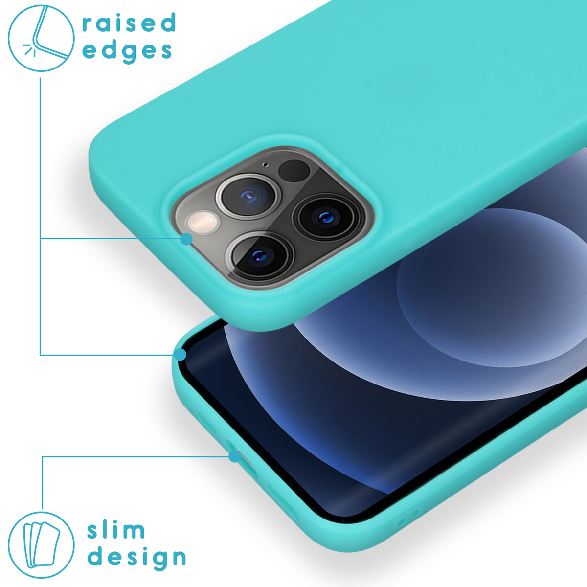 Een telefoon en een turquoise hoesje. De hoes heeft opstaande randen en een slank design.