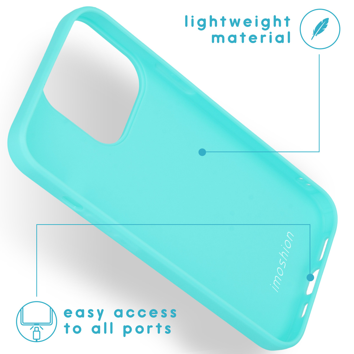 Turquoise telefoonhoesje met tekst: lichtgewicht materiaal en gemakkelijke toegang tot poorten.