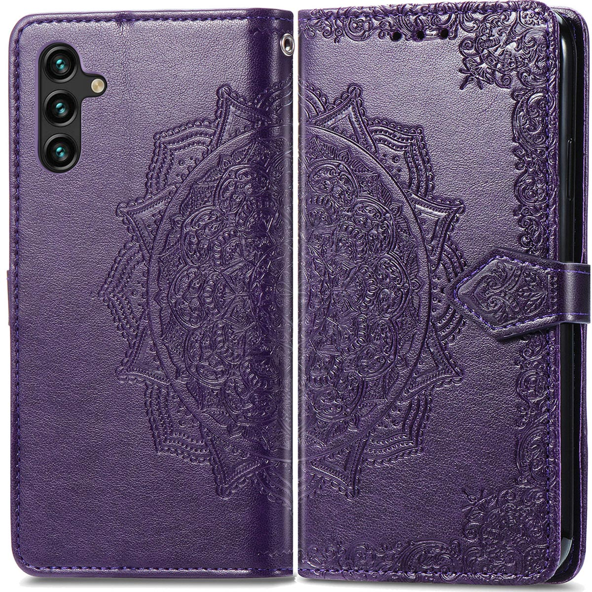 Paarse telefoonhoes open, toont een mandala-ontwerp. De hoes beschermt de telefoon.