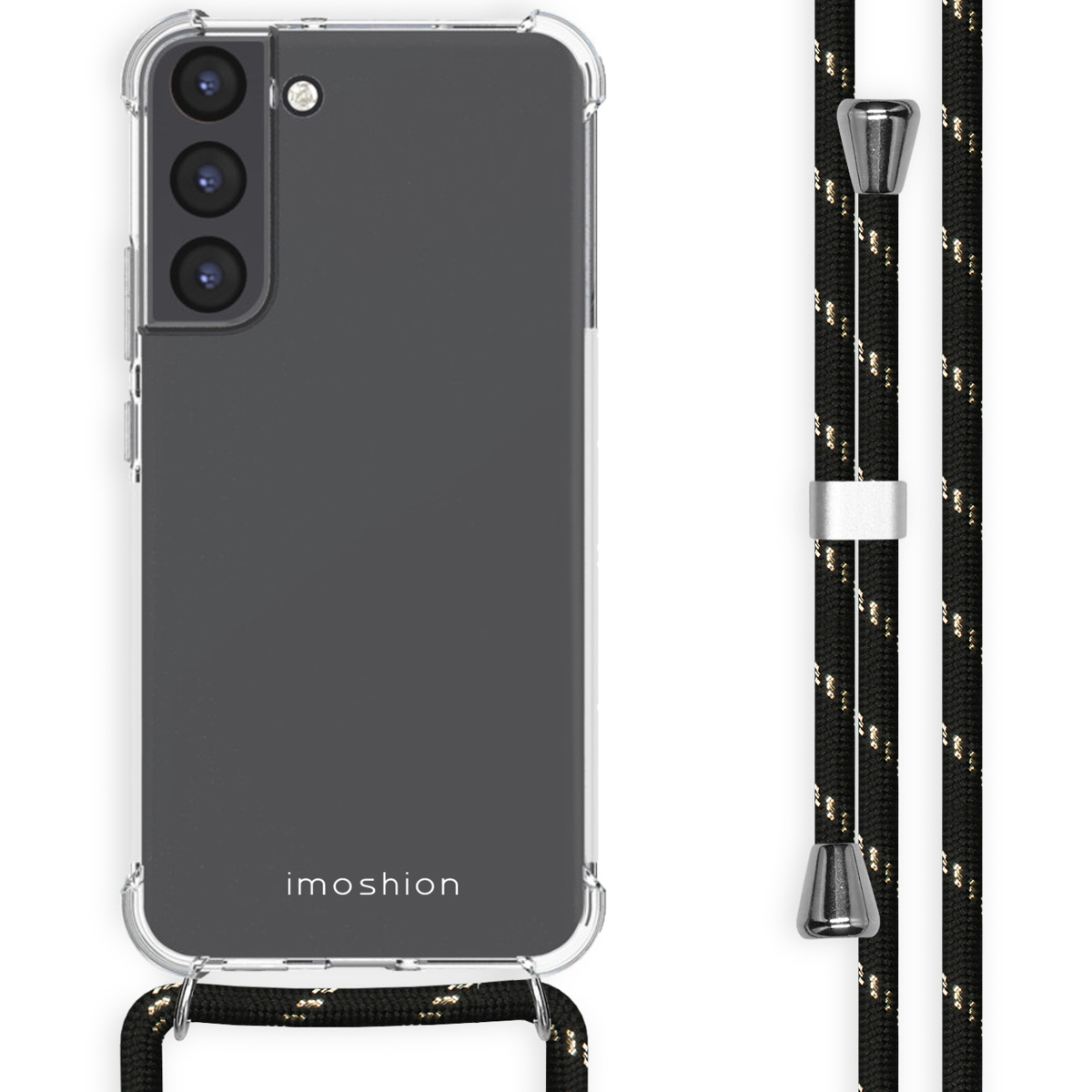 Transparante telefoonhoes met een zwart en gouden koord; telefoon heeft drie camera's.