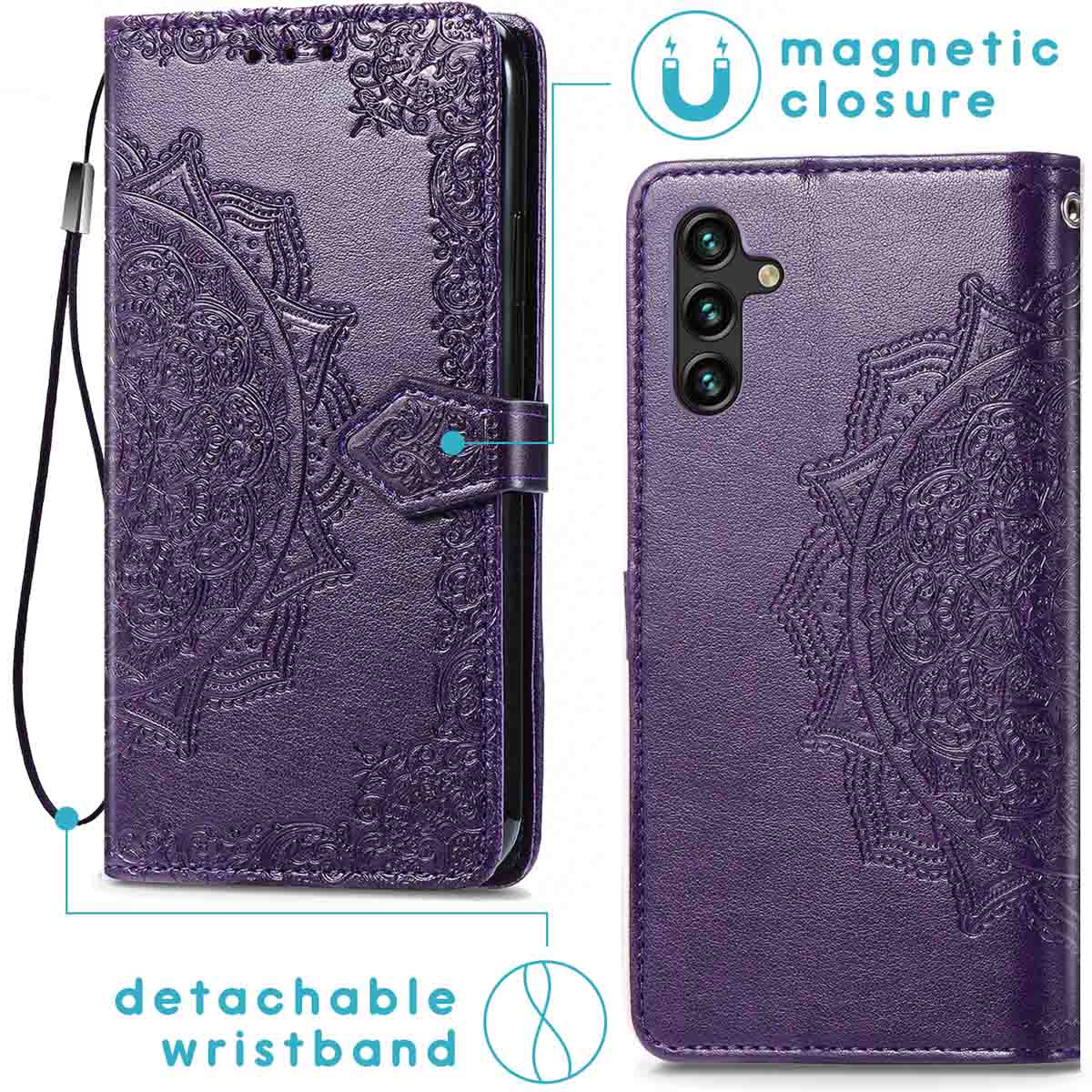 Paarse telefoonhoes met ingewikkeld reliëfontwerp en magnetische sluiting. Met afneembare polsband en cameralgat.