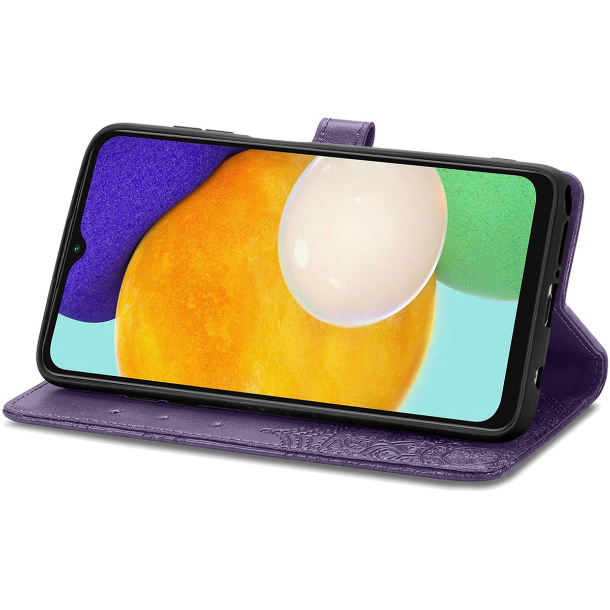 Een paarse telefoonhoes in open positie, met een telefoonscherm met een kleurrijk display.