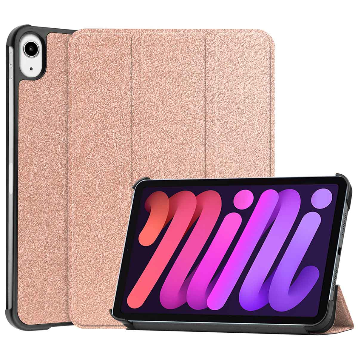 Roze gouden iPad-hoes met een tablet met een logo.