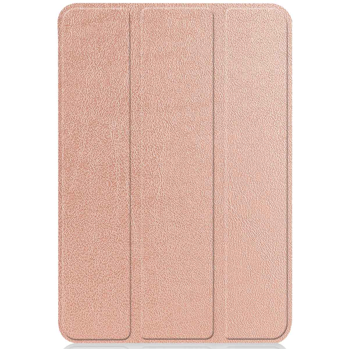 Roze-gouden tablet hoes, gesloten. De hoes heeft een getextureerd oppervlak en verticale lijnen.