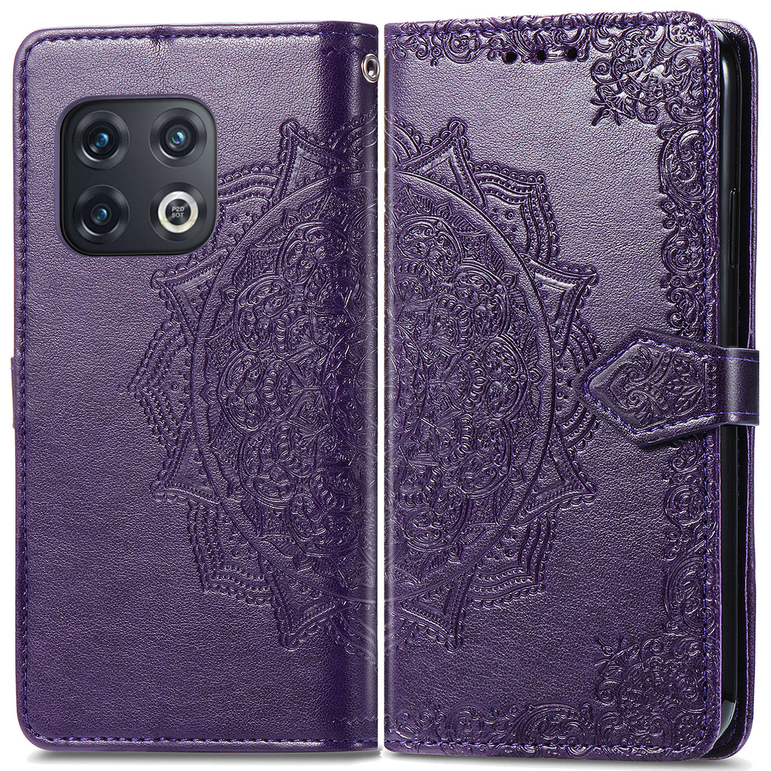 Paarse telefoonhoes met een mandala-ontwerp. Opengeklapt, toont de telefoon binnenin.