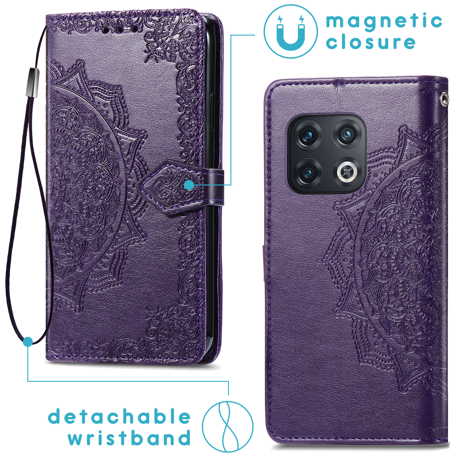 Paars telefoonhoesje met mandala-ontwerp, magnetische sluiting en afneembare polsband. Tekst: 'magnetische sluiting'.