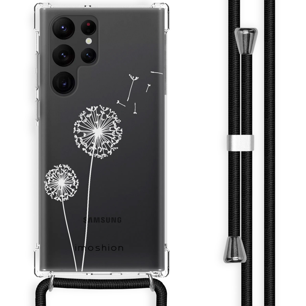 Clear phone case with a white dandelion design and a black rope strap with silver adjusters.