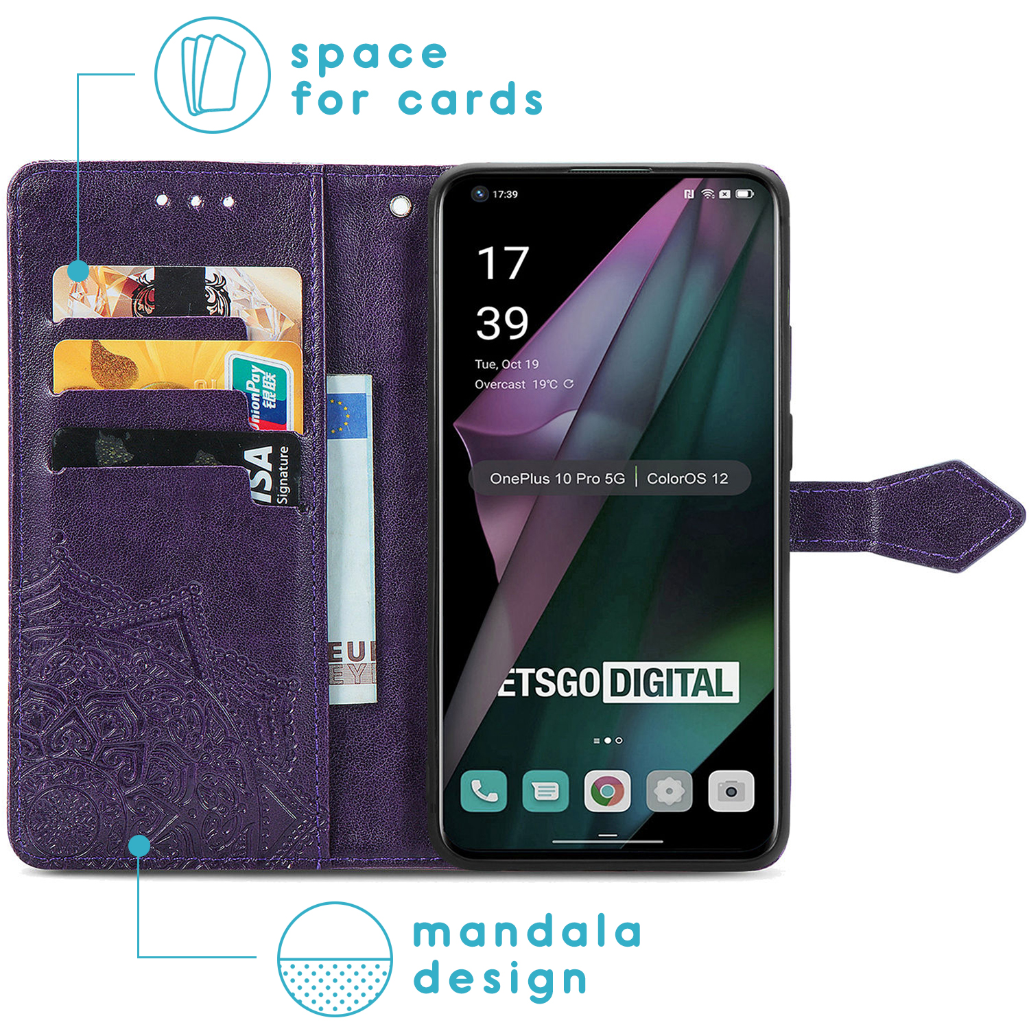 Paarse telefoonhoes open met telefoon. De hoes bevat kaarten en geld. De telefoon toont een interface.