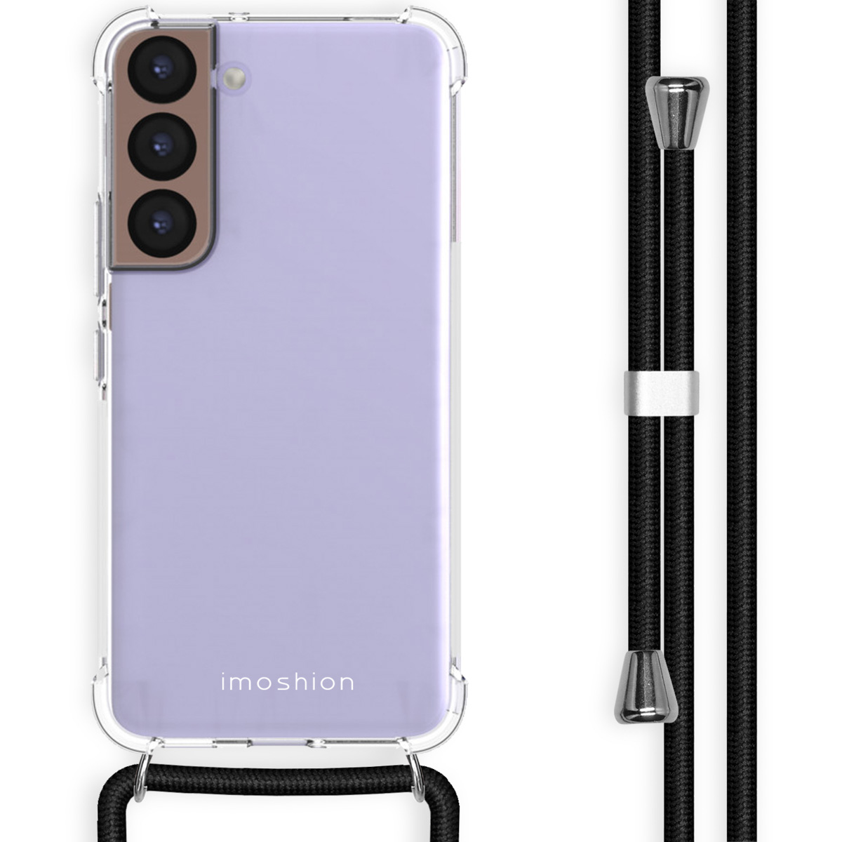 Lila telefoon met een doorzichtig hoesje en een zwart koord.