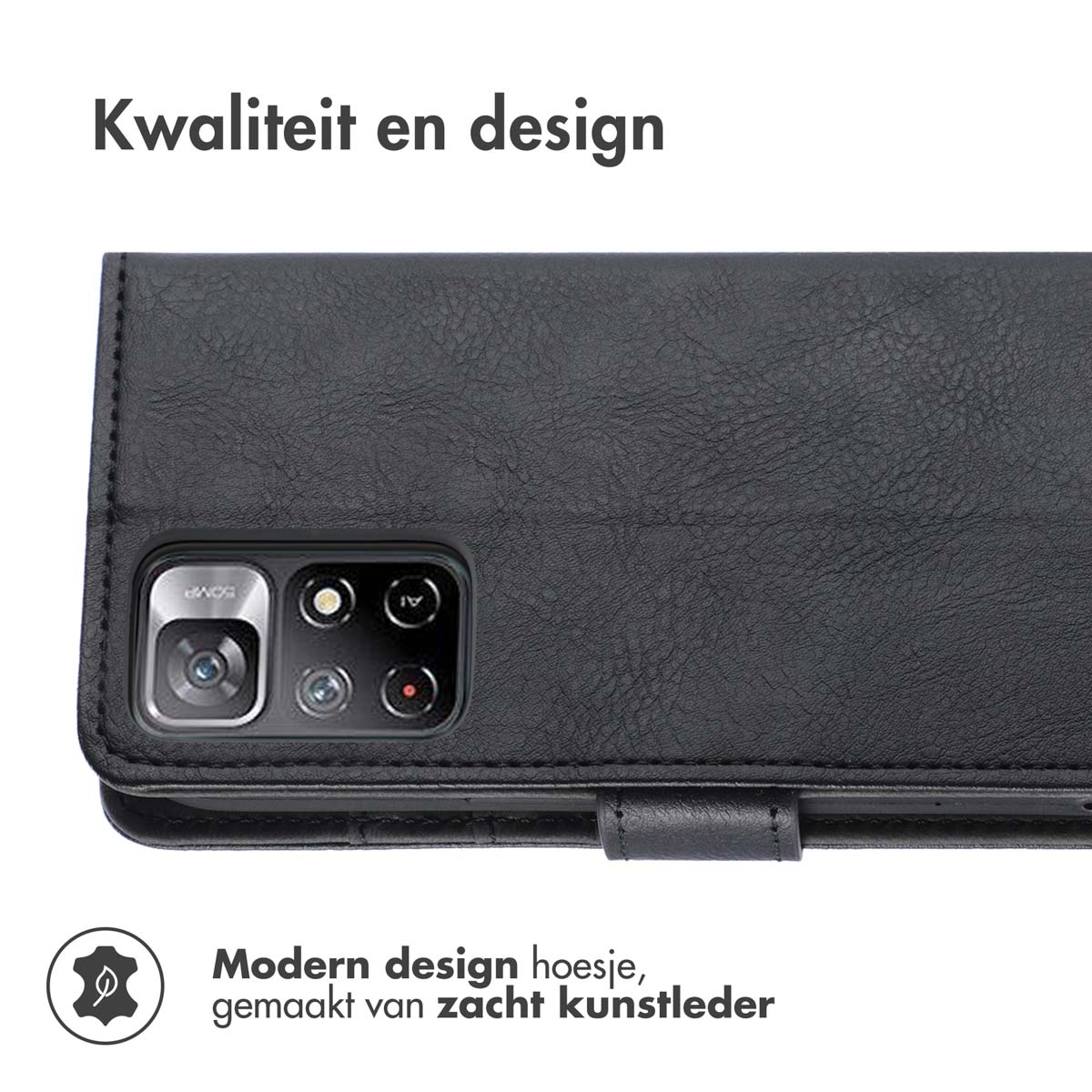 Custodia per telefono nera, aperta, che mostra un telefono con fotocamera, design moderno.