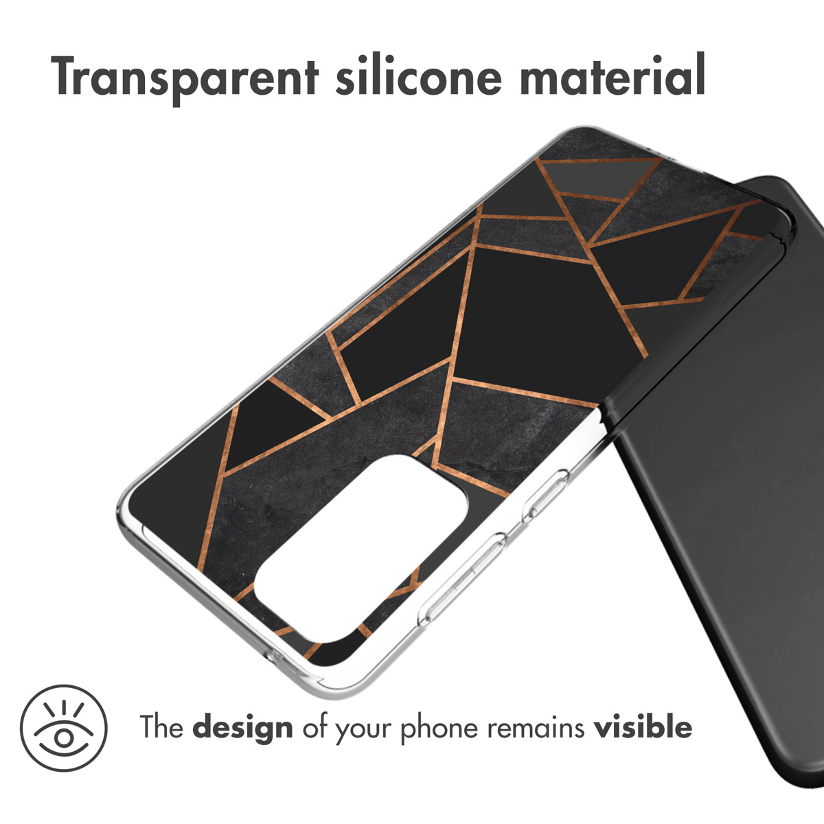 Un étui de téléphone avec un design géométrique. Le texte dit 'Matériau en silicone transparent'.