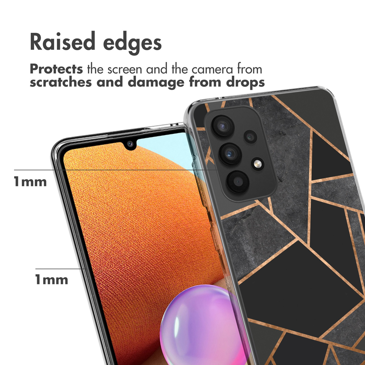 Coque de téléphone avec bords surélevés pour protéger l'écran et l'appareil photo. Design noir et or.