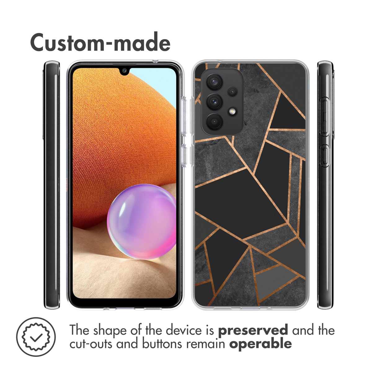 Téléphone dans un étui avec un design géométrique noir et doré. La forme et les boutons restent opérationnels.