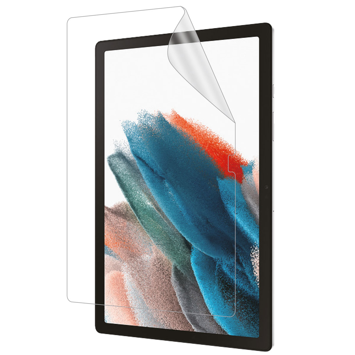 Tablet with screen protector being applied. The tablet is black with a colorful background.