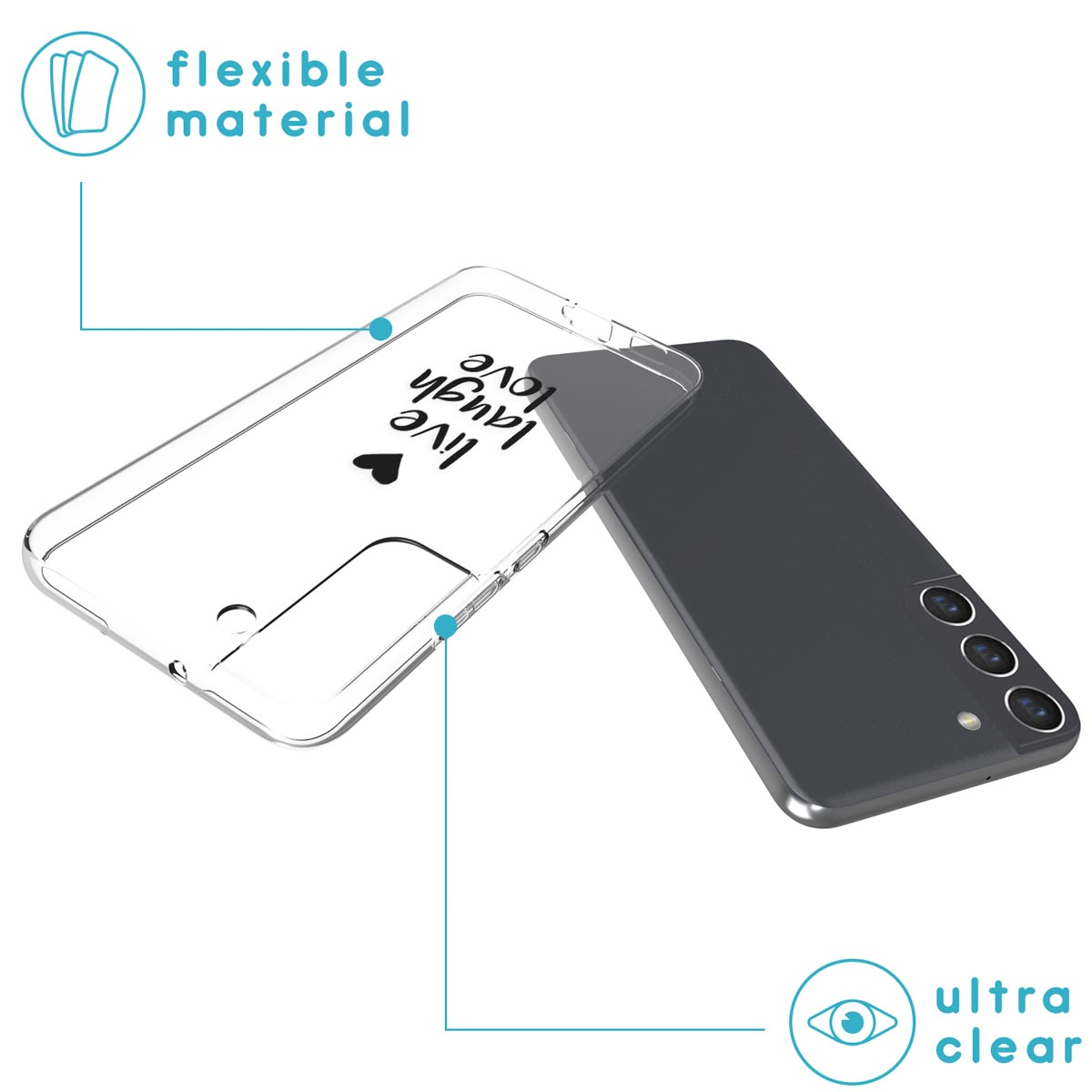 Clear phone case with 'Live, laugh, love' text. A phone is next to the case. Text reads 'Ultra clear'.