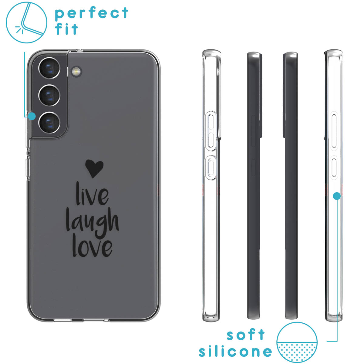 Clear phone case with 'live laugh love' on the back. Three side views are provided.