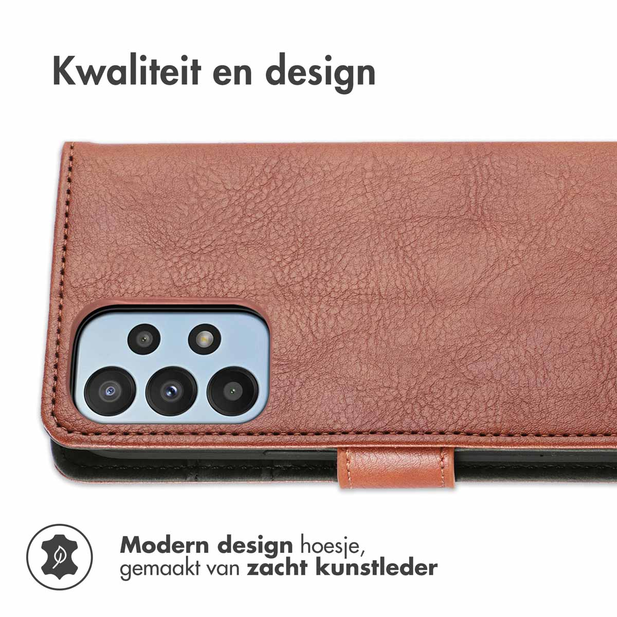 Bruine leren telefoonhoes, gesloten. Tekst bovenaan: 'Kwaliteit en design'.