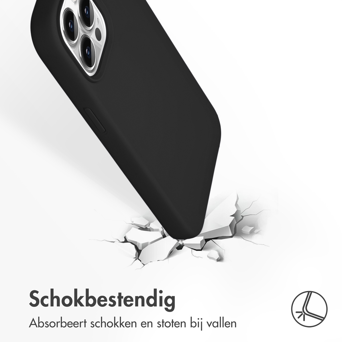 Coque de téléphone noire tombant, absorbant les chocs sur une surface fissurée.