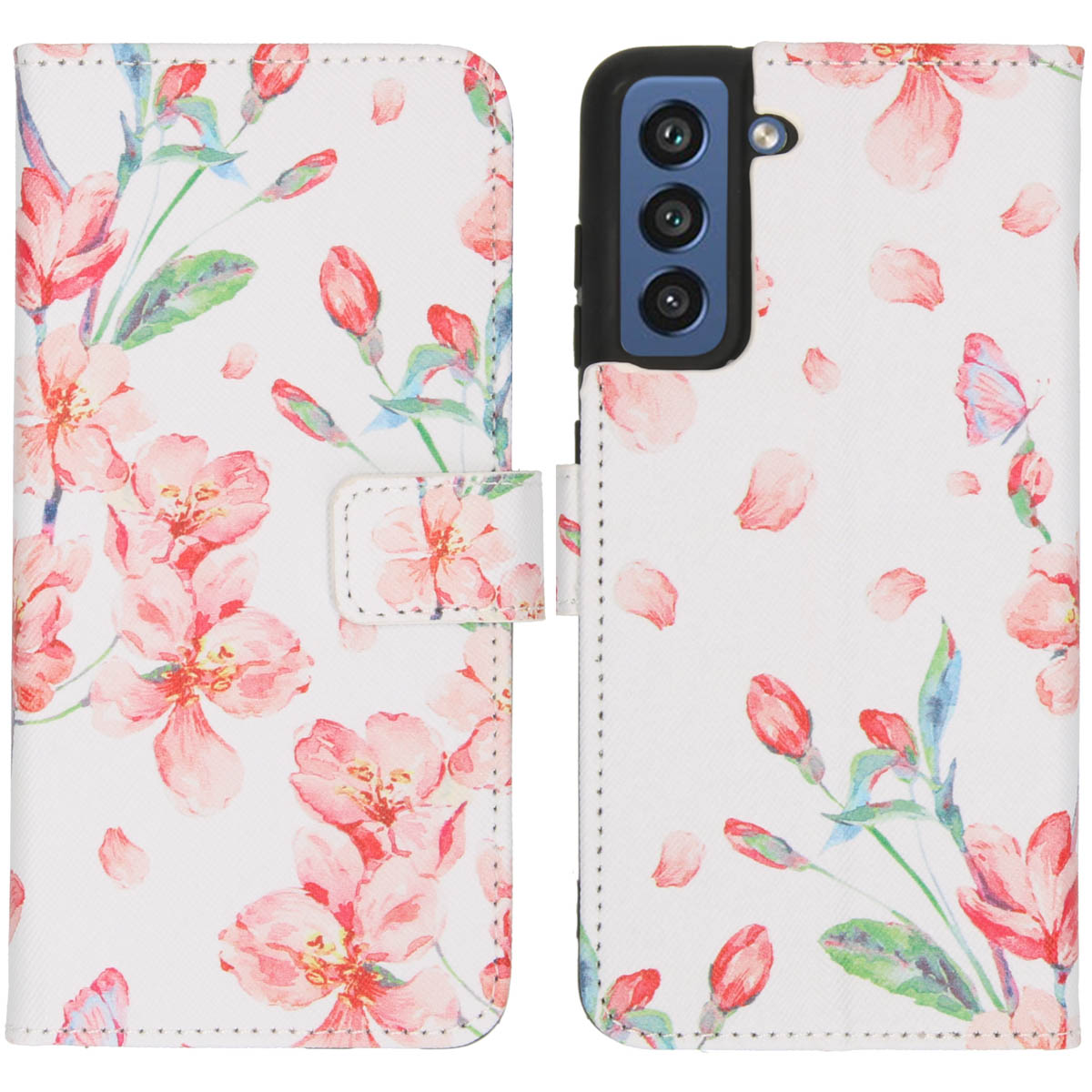 Telefoonhoesje met roze bloemen en bladeren. Een telefoon wordt in de hoes weergegeven, met een witte achtergrond.