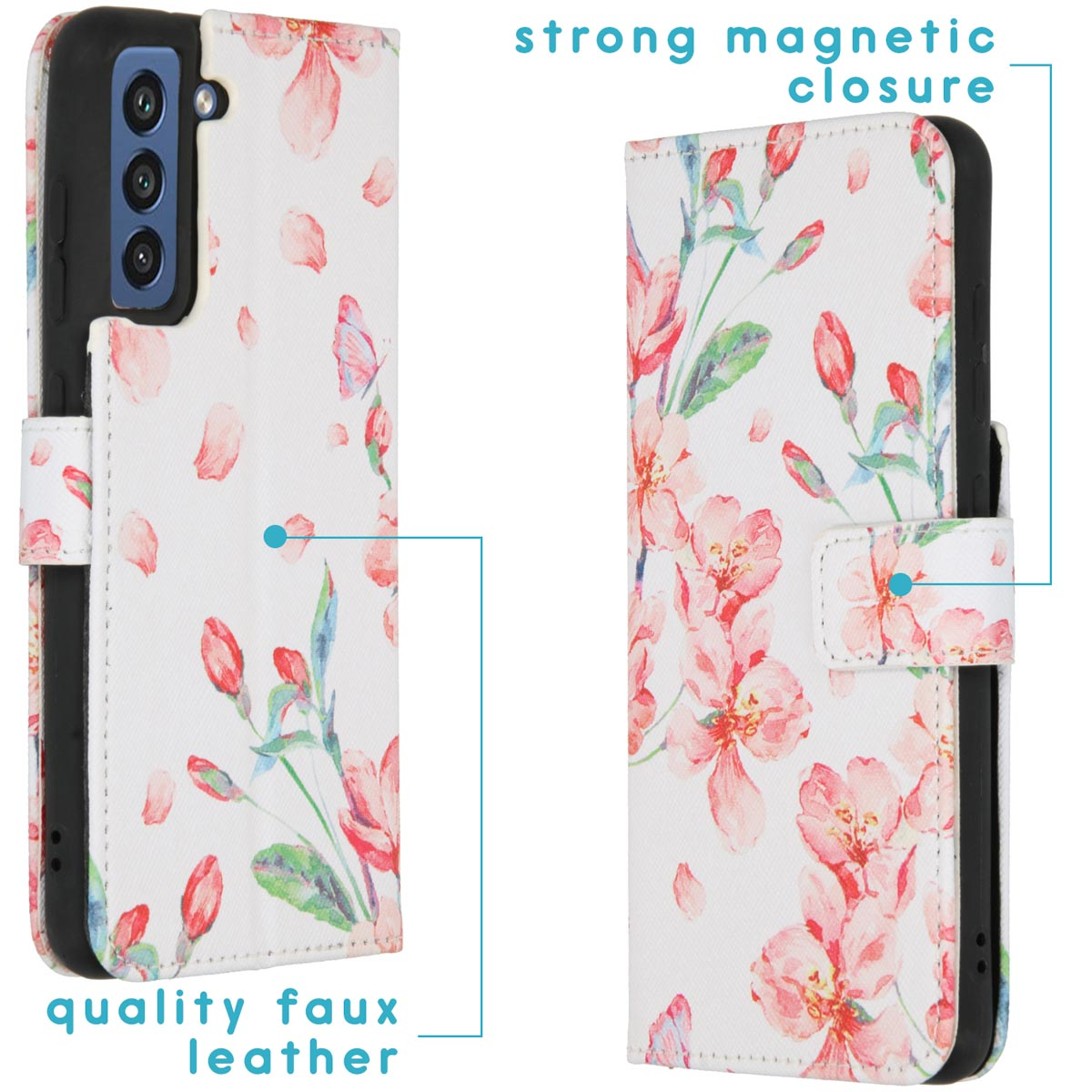 Een telefoonhoesje met een bloemenontwerp. Tekst zegt 'kwaliteit imitatieleer' en 'sterke magnetische sluiting'.