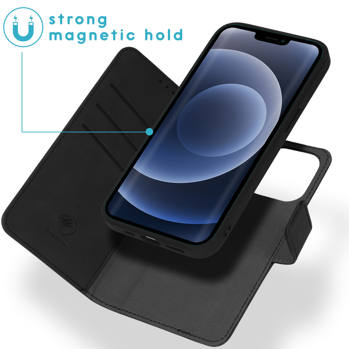 Zwarte telefoon in een open zwarte hoes. Tekst: 'Sterke magnetische grip'.