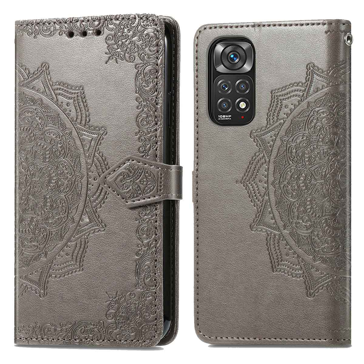 Grijze telefoonhoes met mandala-patroon op de cover. Het heeft een gesp en een telefoon erin.