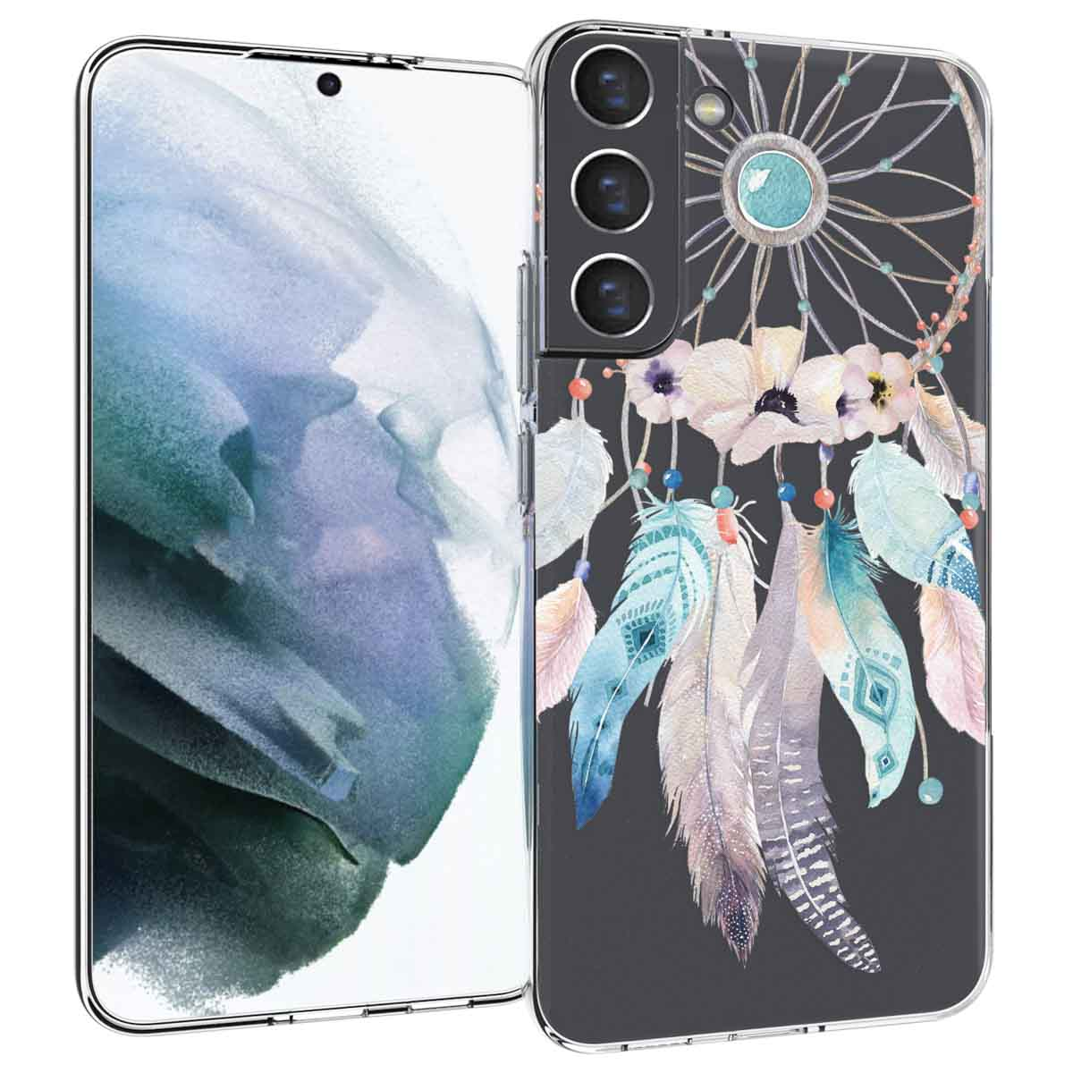 Custodia con design acchiappasogni. Fiori e piume dai colori tenui su sfondo grigio.