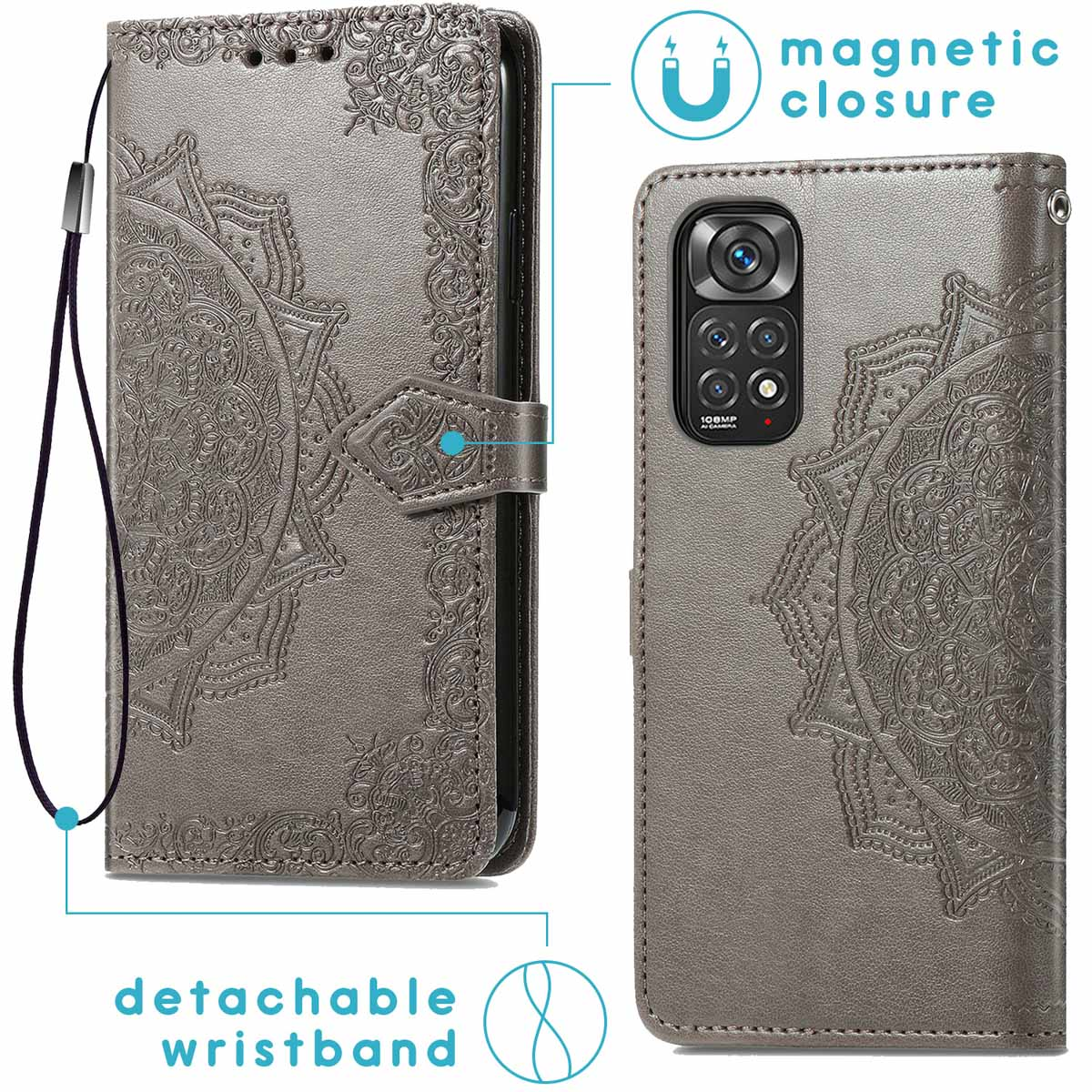 Grijze telefoonhoes met een mandala-ontwerp. Afneembare polsband en magnetische sluiting.