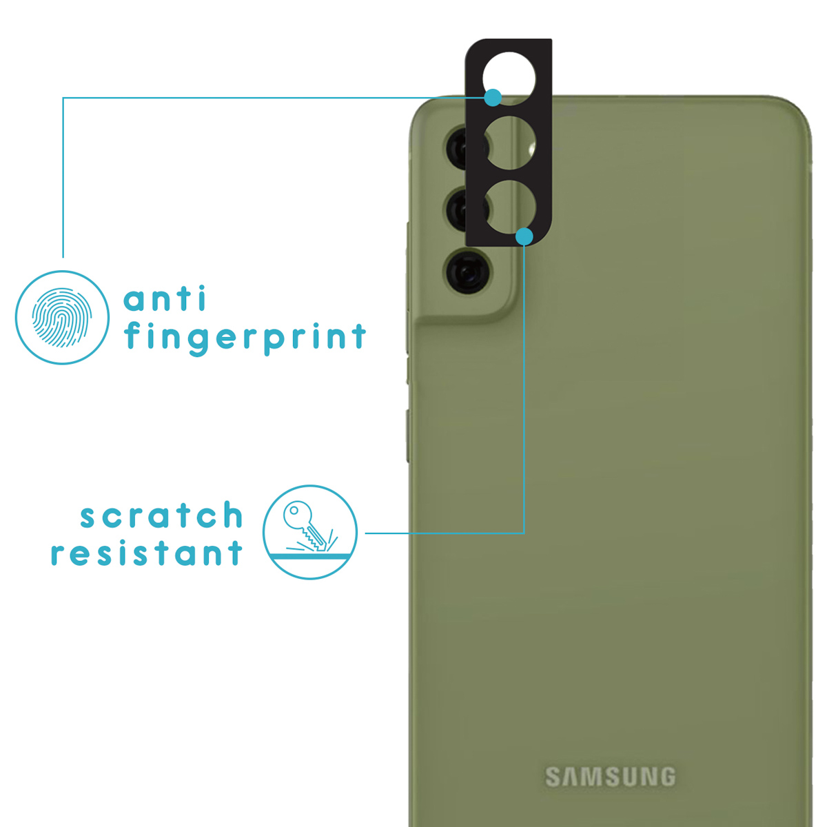 Un dos de téléphone vert avec un module de caméra. Le texte dit 'anti-traces de doigts' et 'résistant aux rayures'.