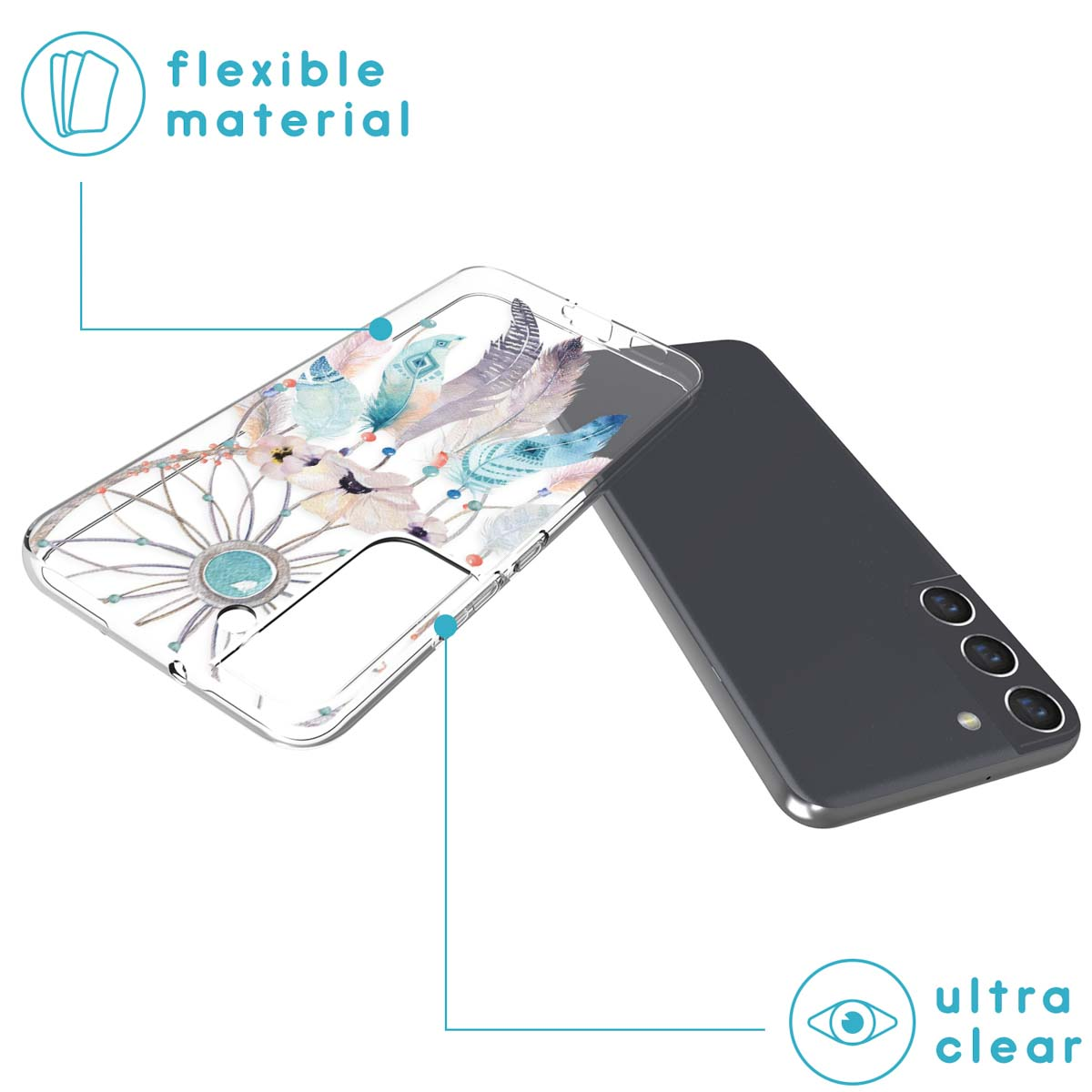 Una custodia per telefono con un design di acchiappasogni e piume è accanto a uno smartphone grigio. Le etichette di testo indicano le caratteristiche: materiale flessibile e ultra trasparente.