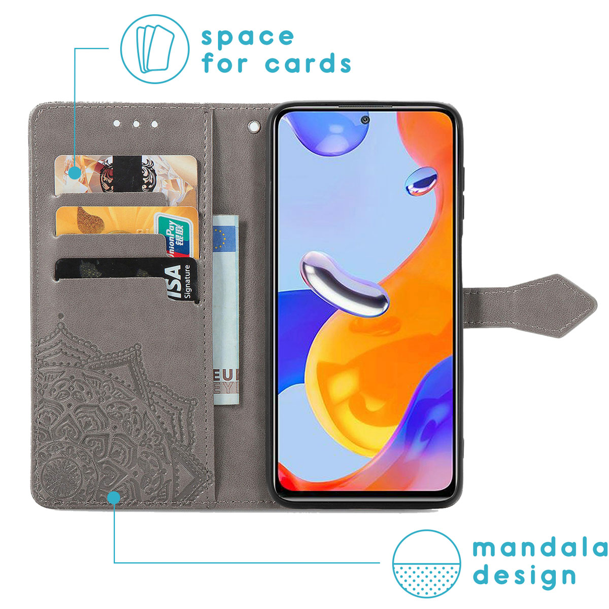 Grijze telefoonhoes met mandala-ontwerp. Binnenin zijn kaarten en geld zichtbaar en een telefoon wordt weergegeven.