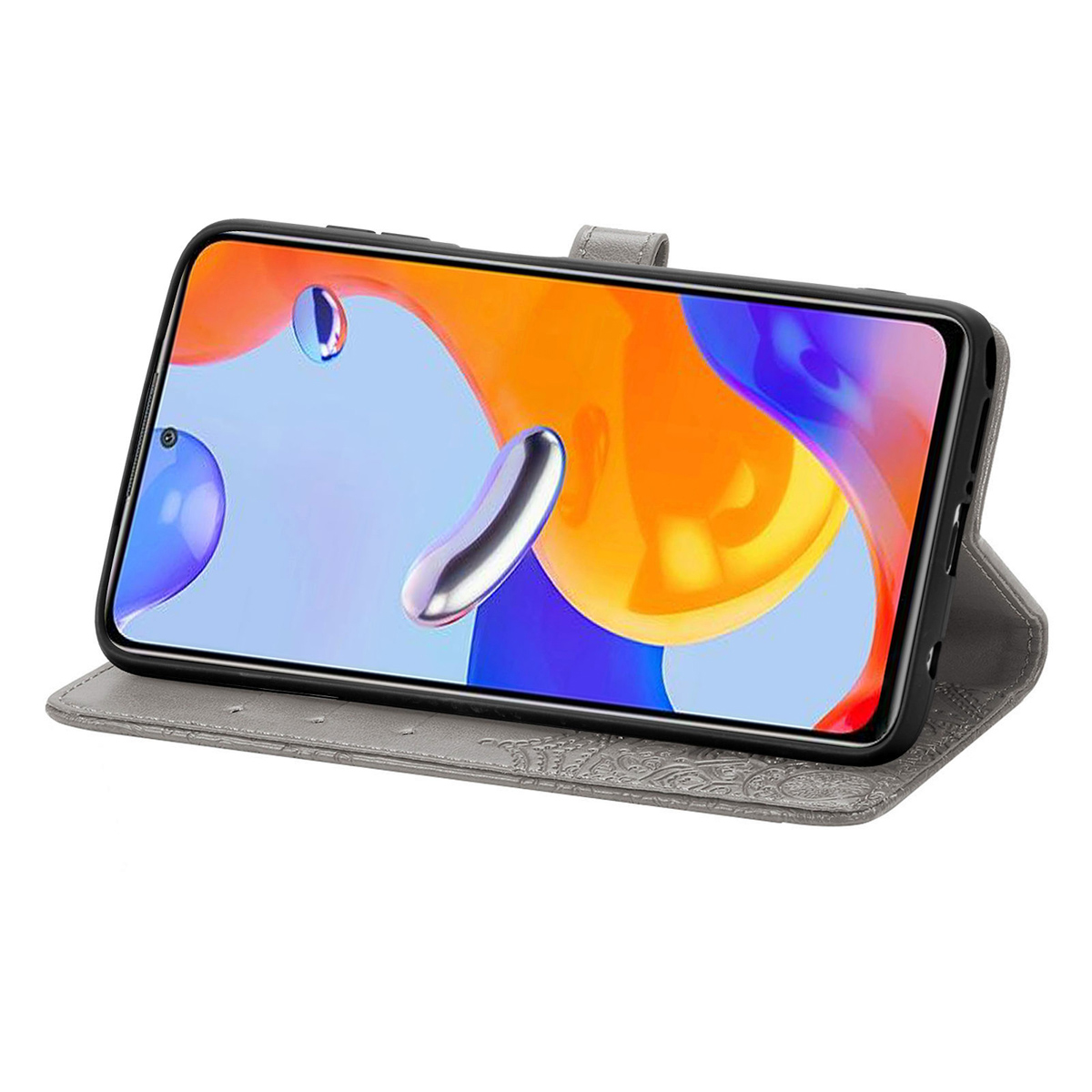Een telefoon in een grijze hoes, open, met het telefoonscherm dat een kleurrijk display toont, met de hoes open.