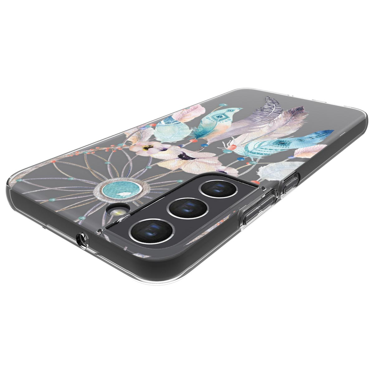 Una custodia per telefono con un design di acchiappasogni e piume. La custodia è trasparente con un bordo nero. Piume in tonalità blu e rosa.