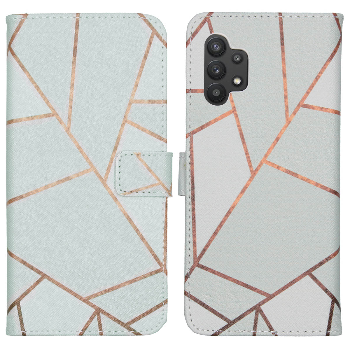 Coque de téléphone vert menthe clair avec design géométrique or rose. Ouverte, montrant le téléphone.