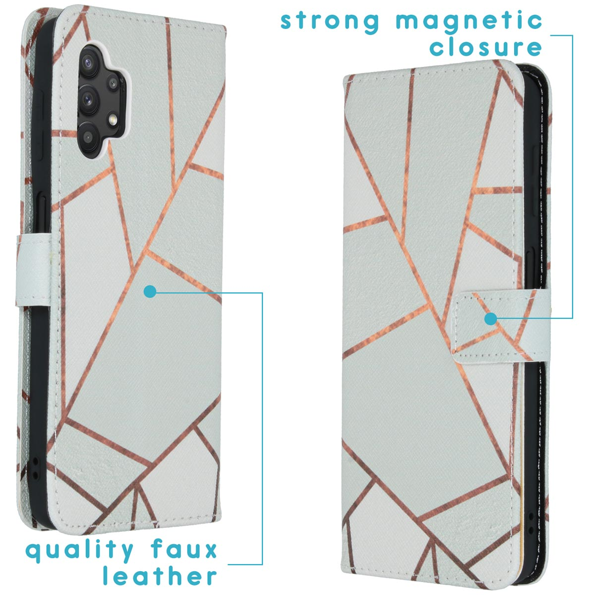 Coque de téléphone blanche avec motif doré. Fermeture magnétique solide, similicuir de qualité. Vues ouverte et fermée.