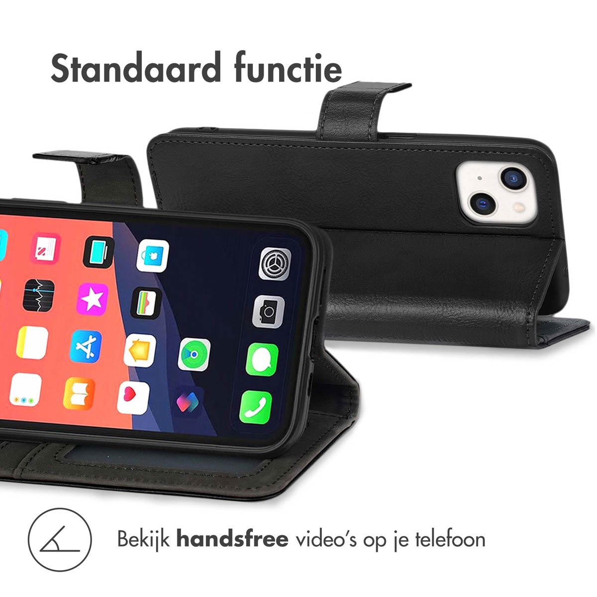 Zwarte telefoonhoes met apps. Hoes opent om telefoon op te zetten.
