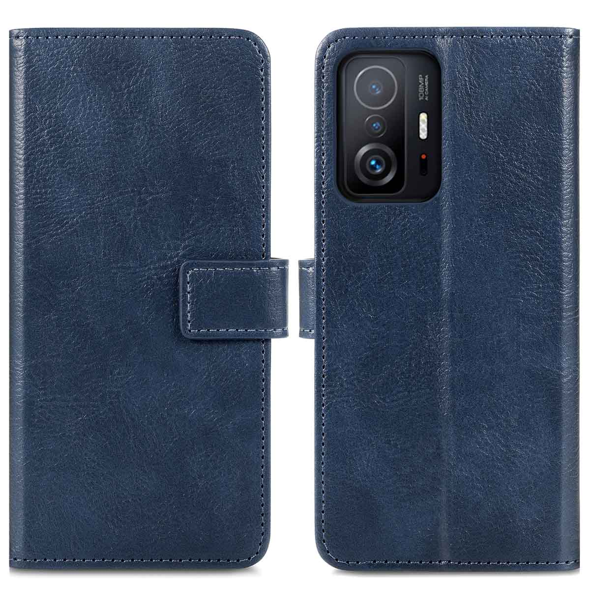 Coque de téléphone bleu foncé, fermée. Téléphone sur le côté droit. L'étui a une fermeture magnétique.