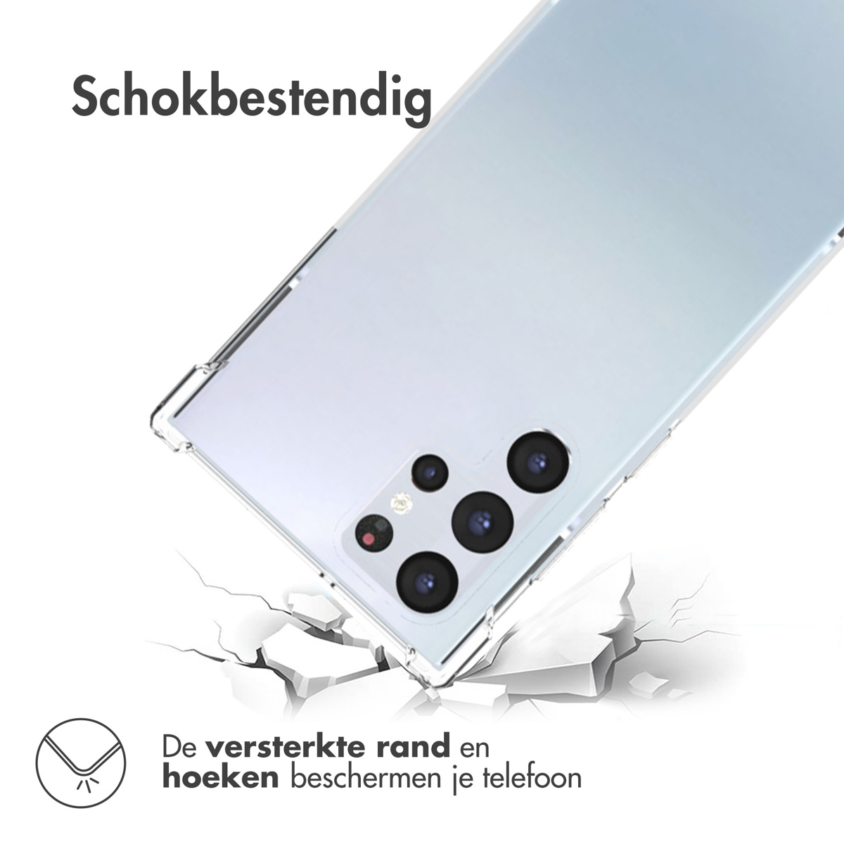 Telefoonhoes, op de grond, gebarsten, met tekst: 'Schokbestendig' en 'De versterkte rand... beschermt je telefoon'.