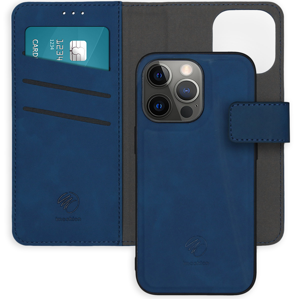 Blauwe telefoonhoes met kaartsleuven en creditcard; telefoon heeft drie camera's.