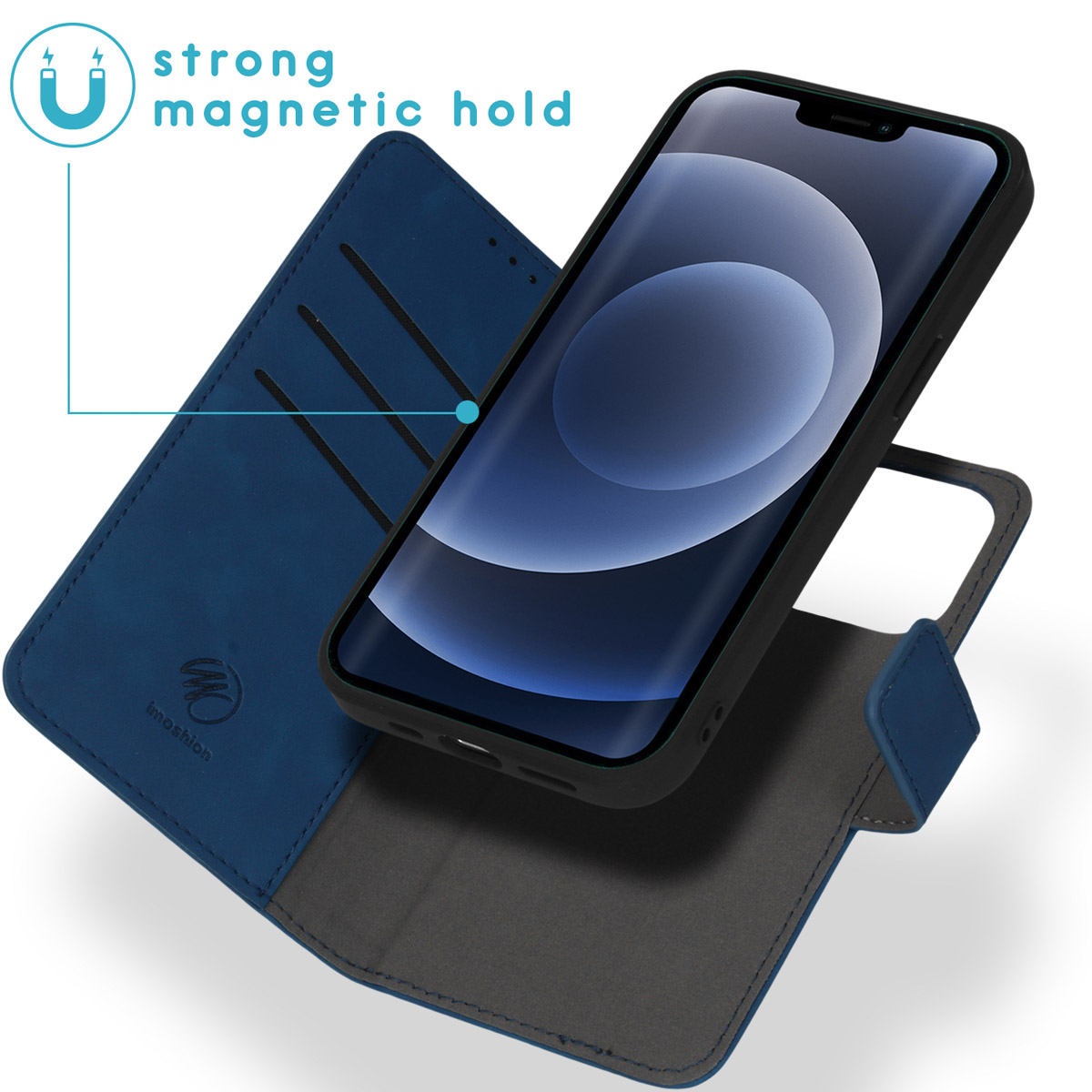 Blauwe telefoonhoes, open. De telefoon is zwart. De hoes is open en toont de telefoon.