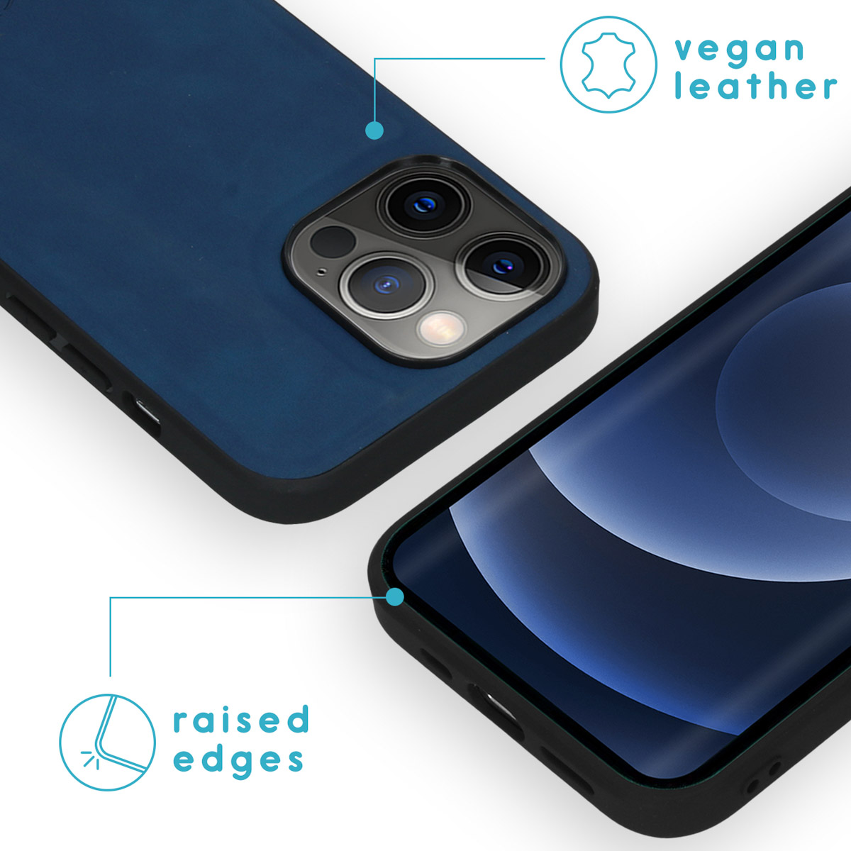 Close-up van een telefoon met een marineblauwe hoes. Vegan leer, verhoogde randen worden getoond.