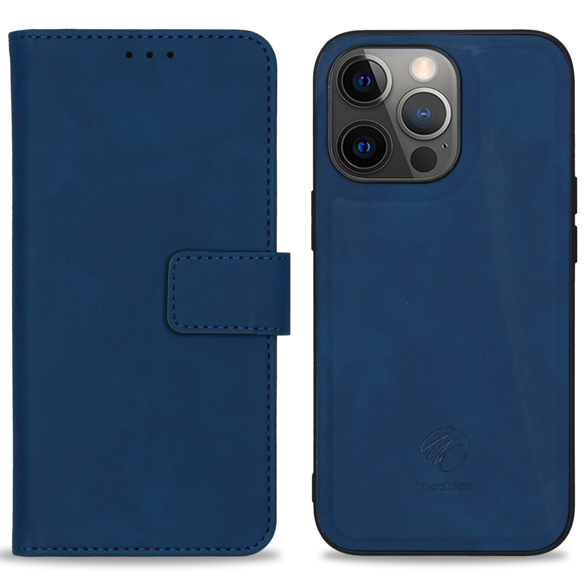 Blauwe telefoonhoes, gesloten en open. De open hoes toont de achterkant van de telefoon.