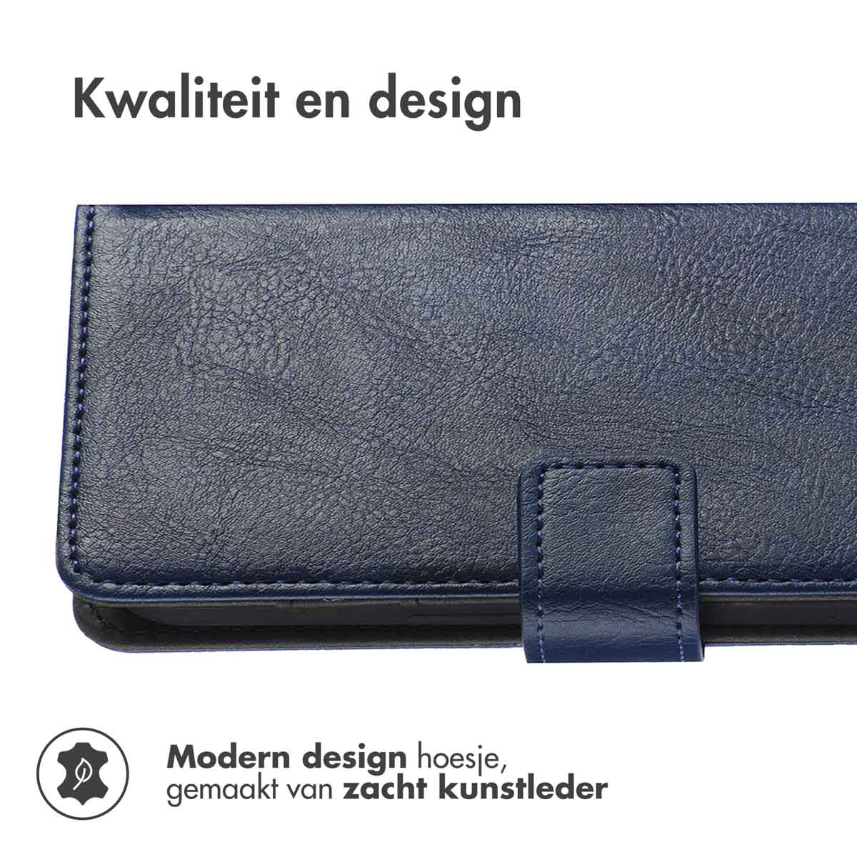 Un étui de téléphone bleu foncé avec une surface texturée. Le texte dit 'Design moderne, fabriqué en similicuir souple'.