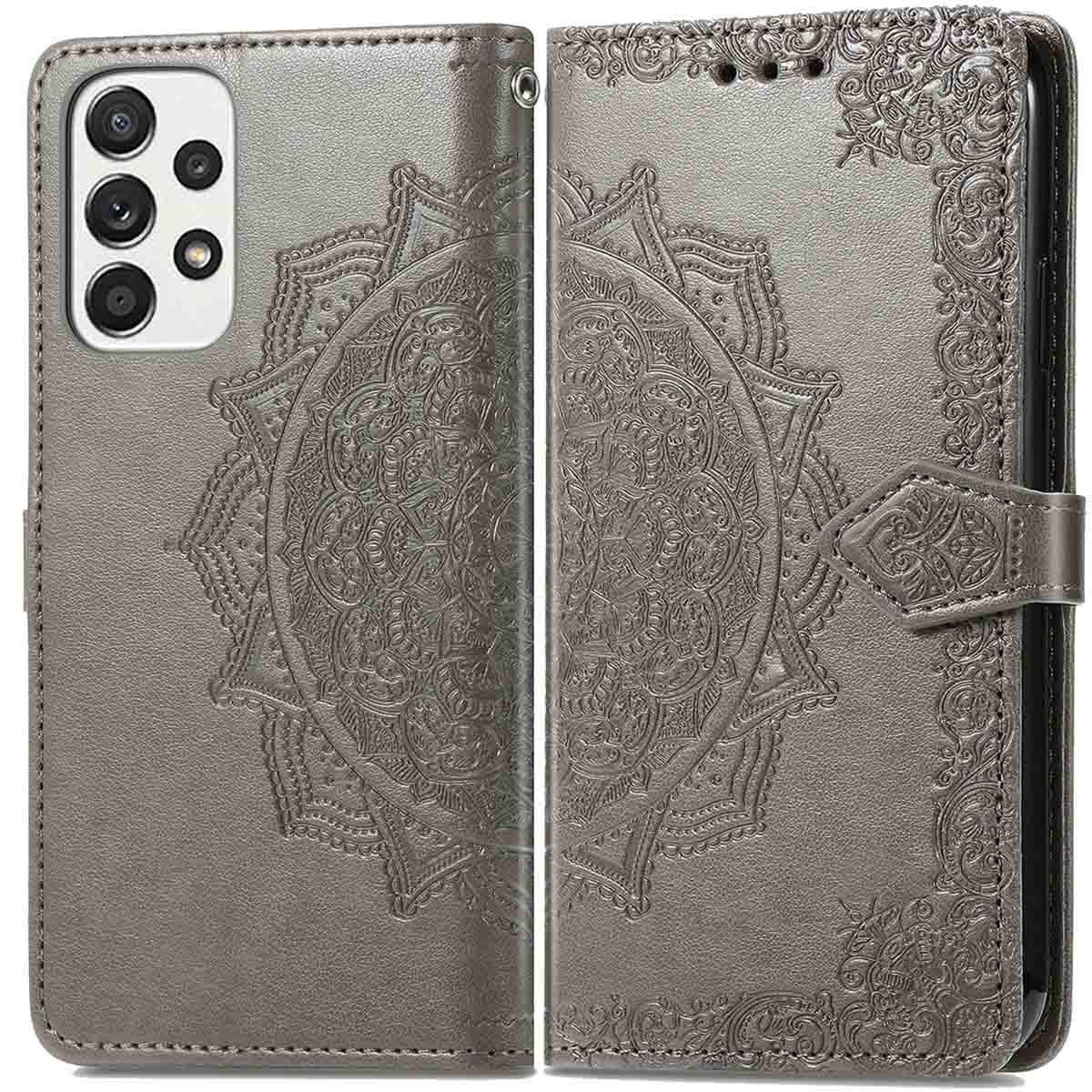 Grijze telefoonhoes met een mandala-ontwerp. De telefoonhoes is open. Knopsluiting.