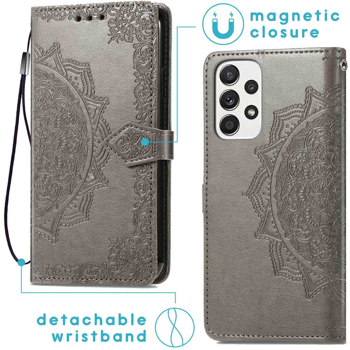 Telefoonhoes, open, met mandala-ontwerp, afneembare polsband, magnetische sluiting en een telefoon.