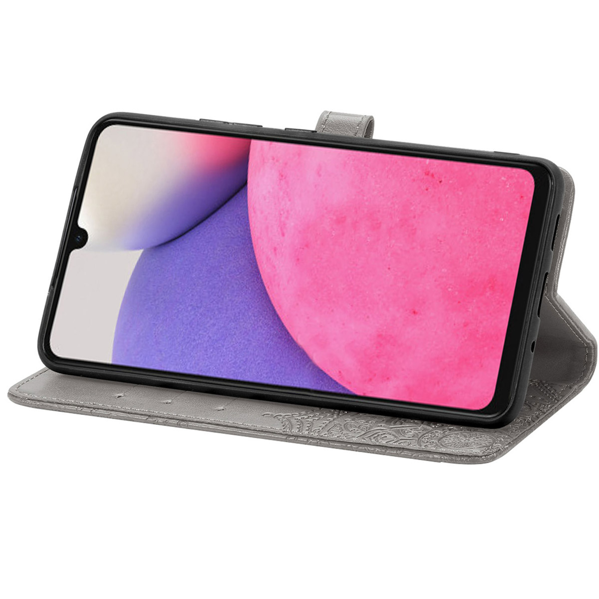Grijze telefoonhoes met een telefoon erin. De telefoon geeft een heldere roze en paarse gradiënt weer.