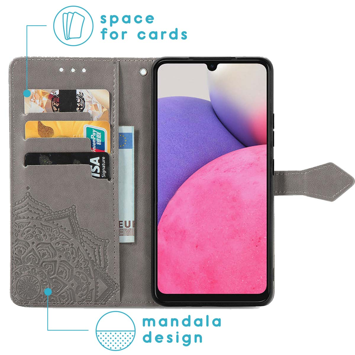 Grijze telefoonportemonnee met kaarten en geld. Mandala-ontwerp. Tekst: 'Space for cards'.