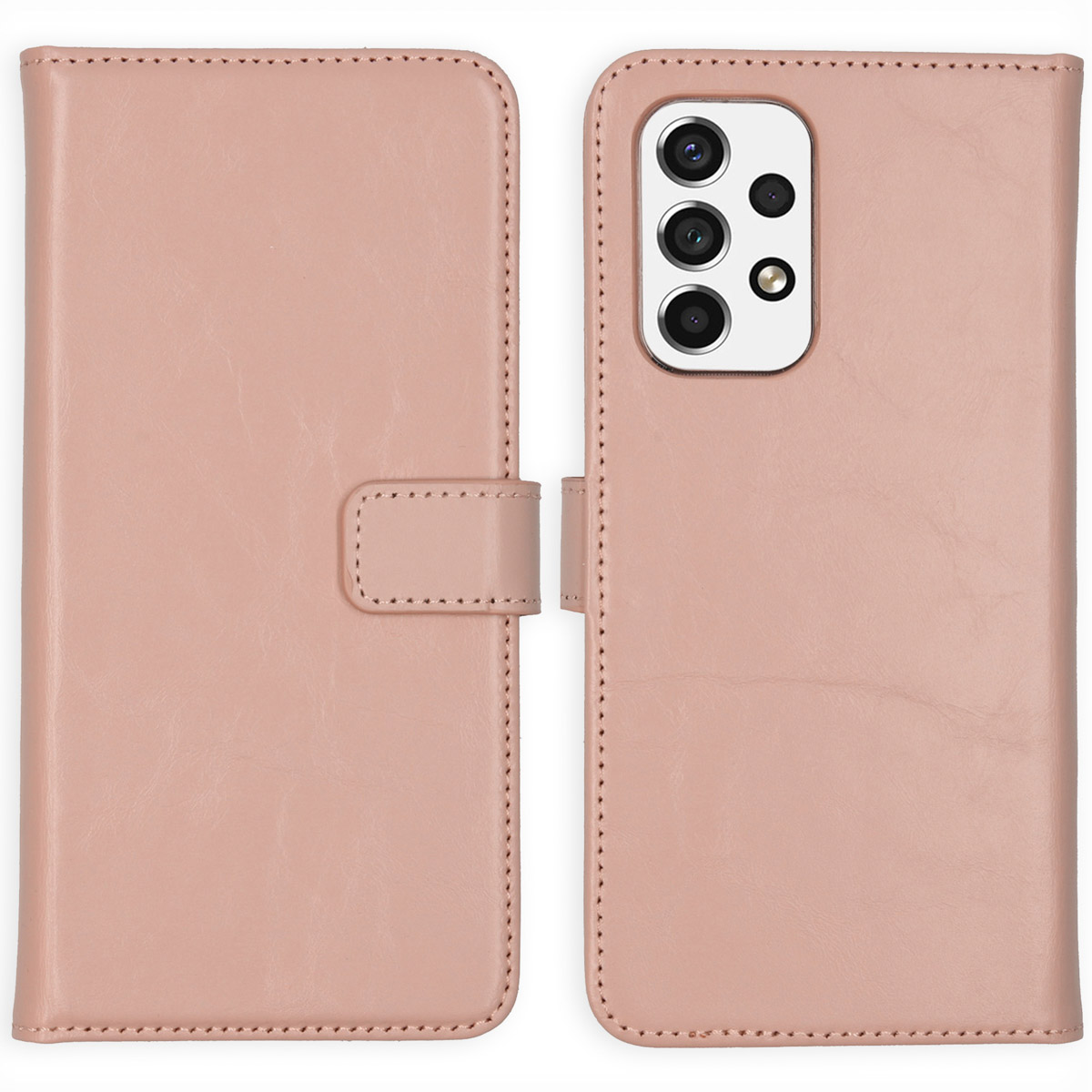 Roze telefoonhoes, gesloten en open, met camera-uitsparingen en een telefoon erin.