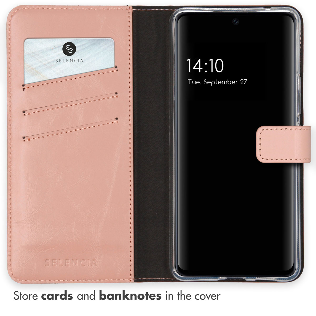 Roze telefoonhoes open, met tijd. Een kaart zit in de kaartsleuf.